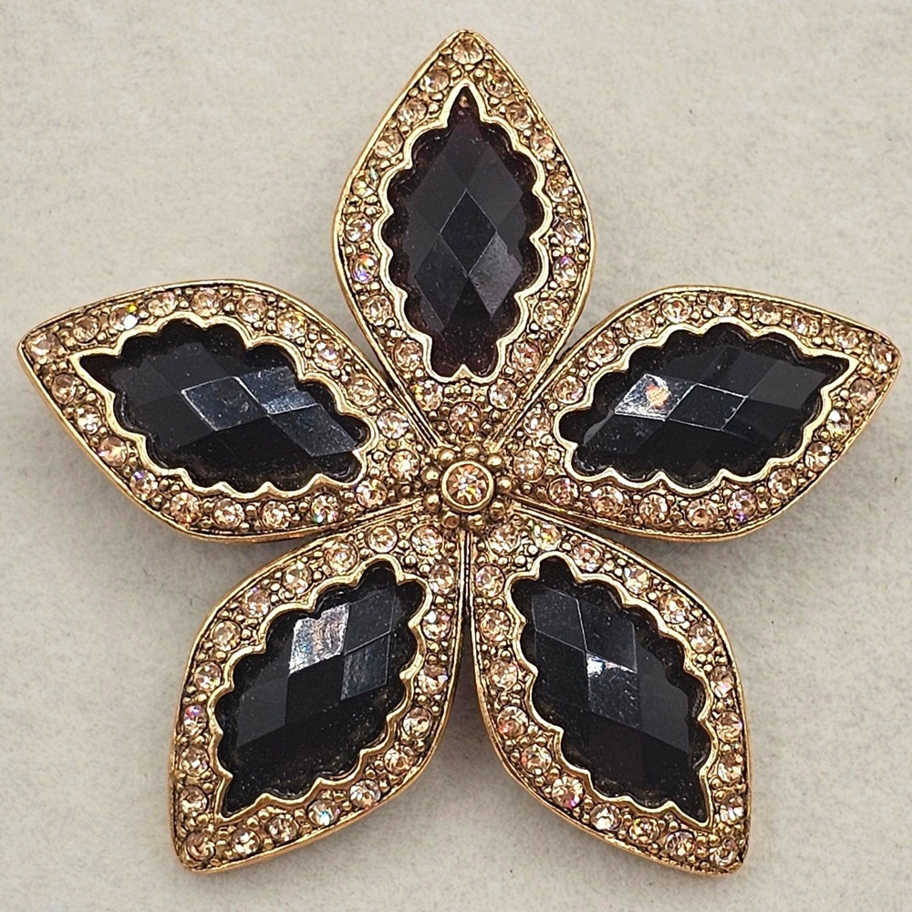 Monet Root Beer Brown Faceted Flower Brooch Raised Rhinestone Frame Vintage Glam